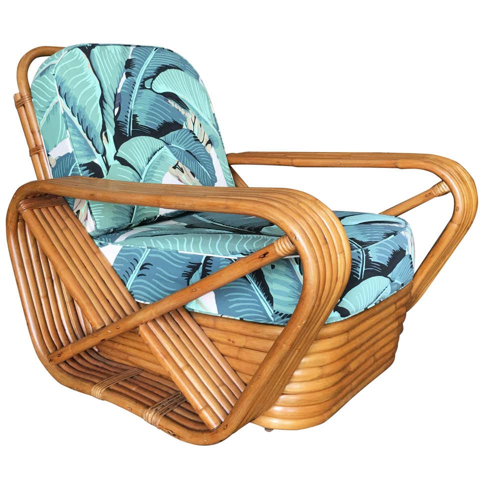 Restored Paul Frankl Style Pretzel Rattan Lounge Chair, Beverly Palms Cushions