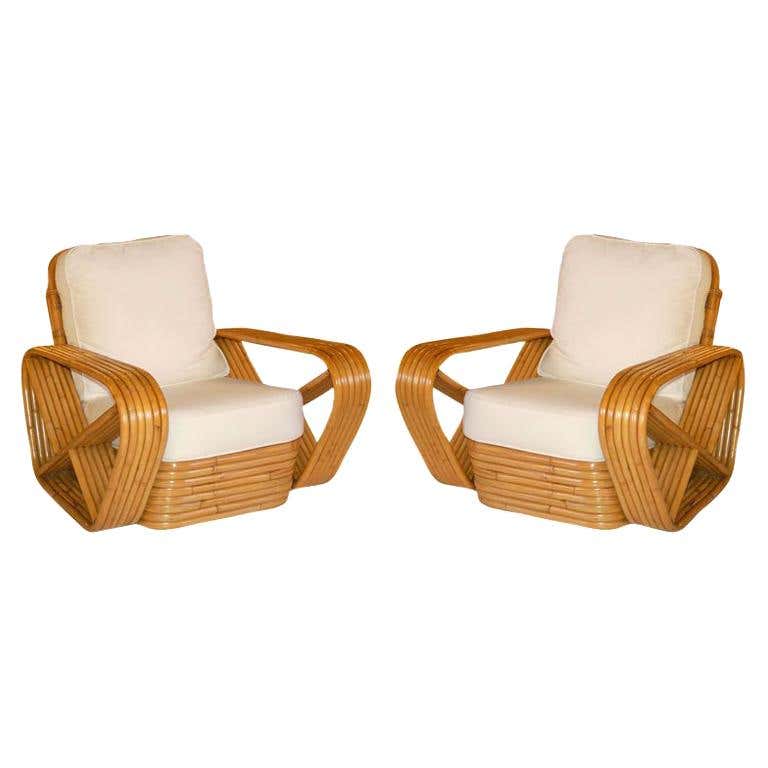 Restored Paul Frankl Style Square Pretzel Rattan Armchairs, Pair
